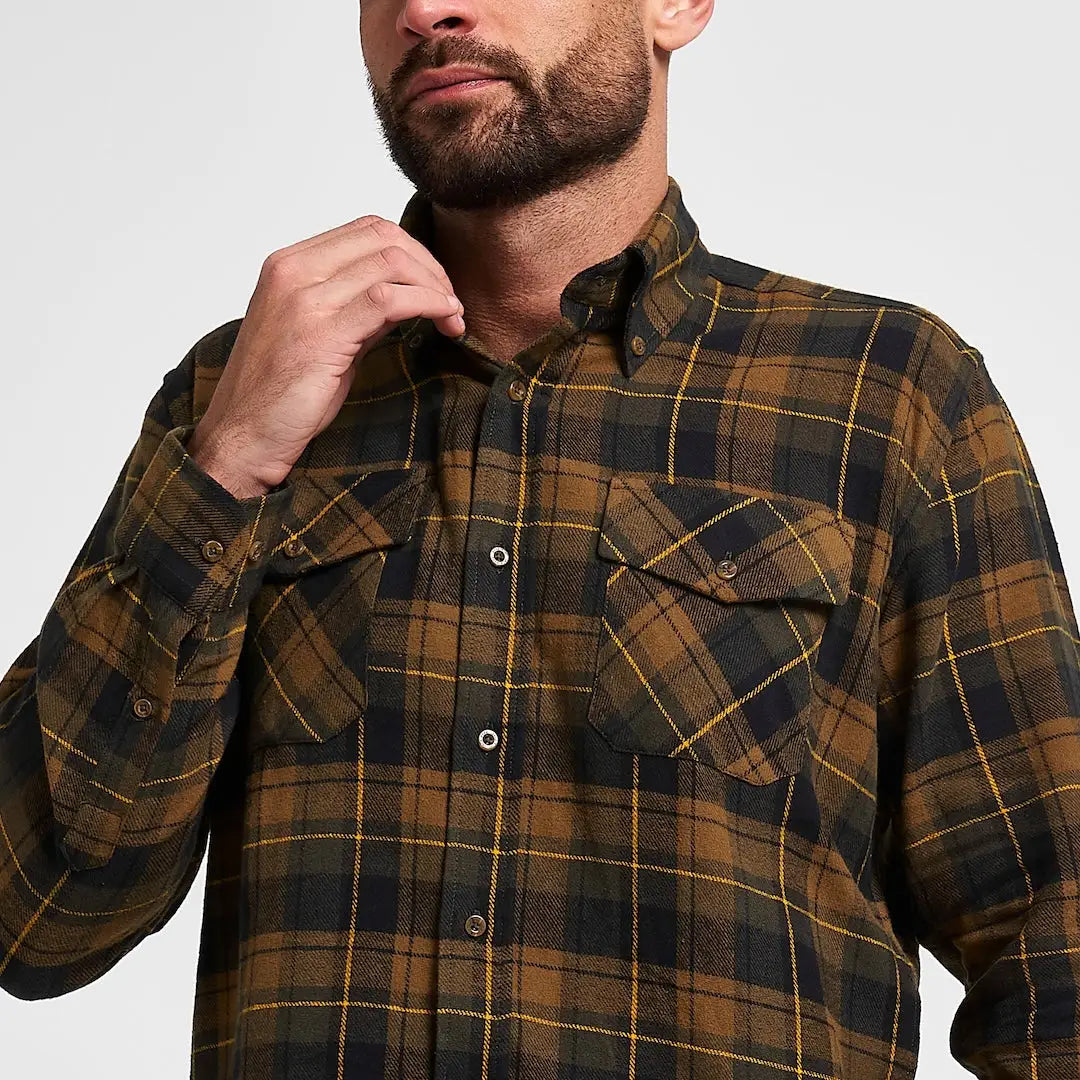 Jack Pyke flannel shirt in brown green plaid with yellow accents