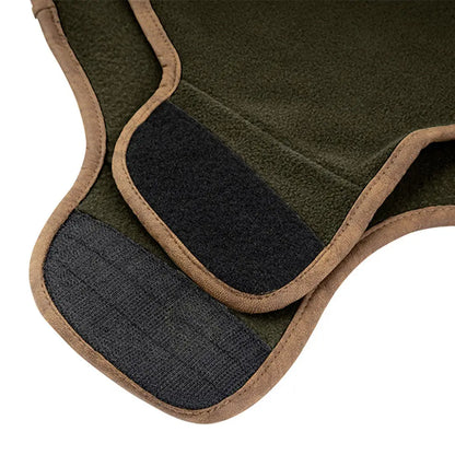 Olive green Jack Pyke fleece dog coat with brown trim and black velcro detail
