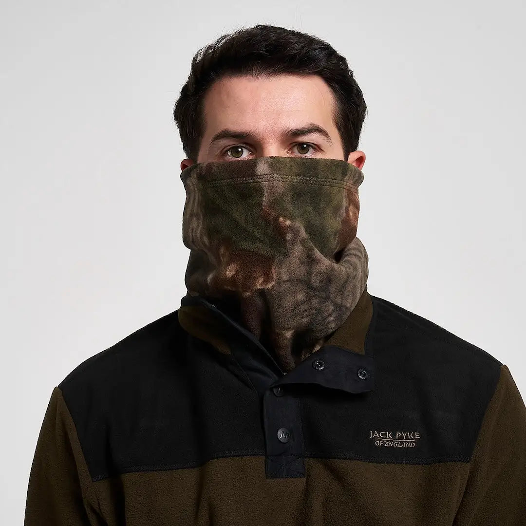 Jack Pyke fleece neck gaiter in camo with green, brown, tan tones