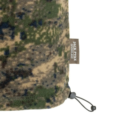 Camouflage-patterned Jack Pyke fleece neck gaiter with drawstring and MEGAPIXEL label