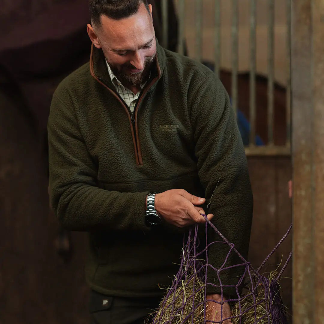 Jack Pyke half zip sherpa fleece pullover in olive green with red accents