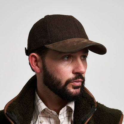 Jack Pyke herringbone baseball cap in brown tweed with suede brim