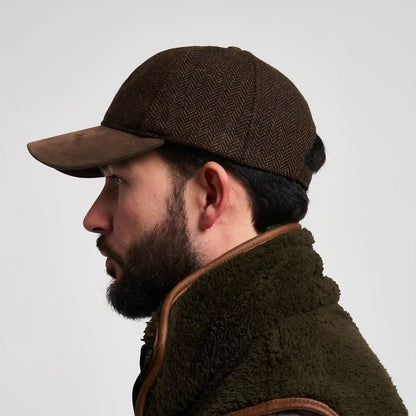 Jack Pyke herringbone baseball cap with brown tweed and suede brim