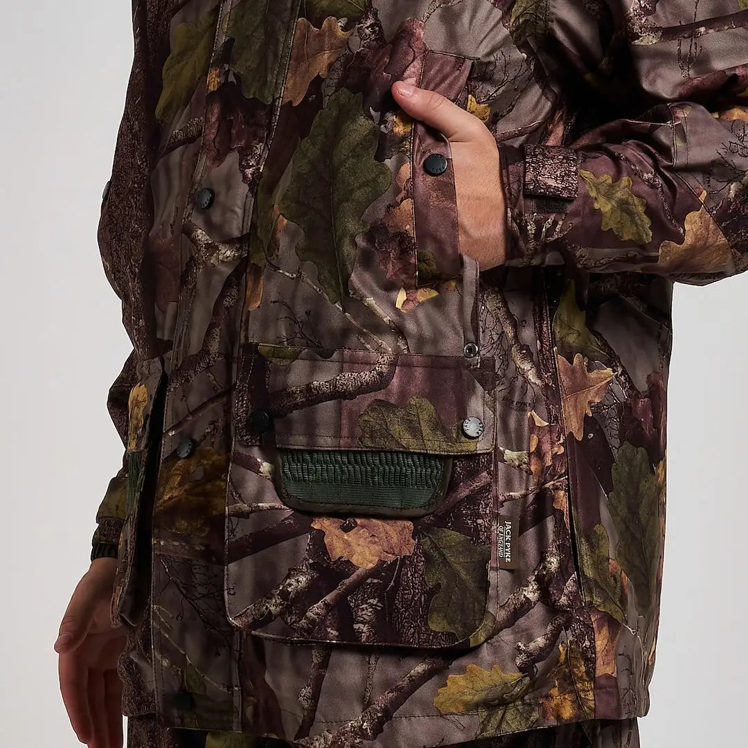 Jack Pyke Hunter jacket in camo greens, browns, yellows with pockets and trim