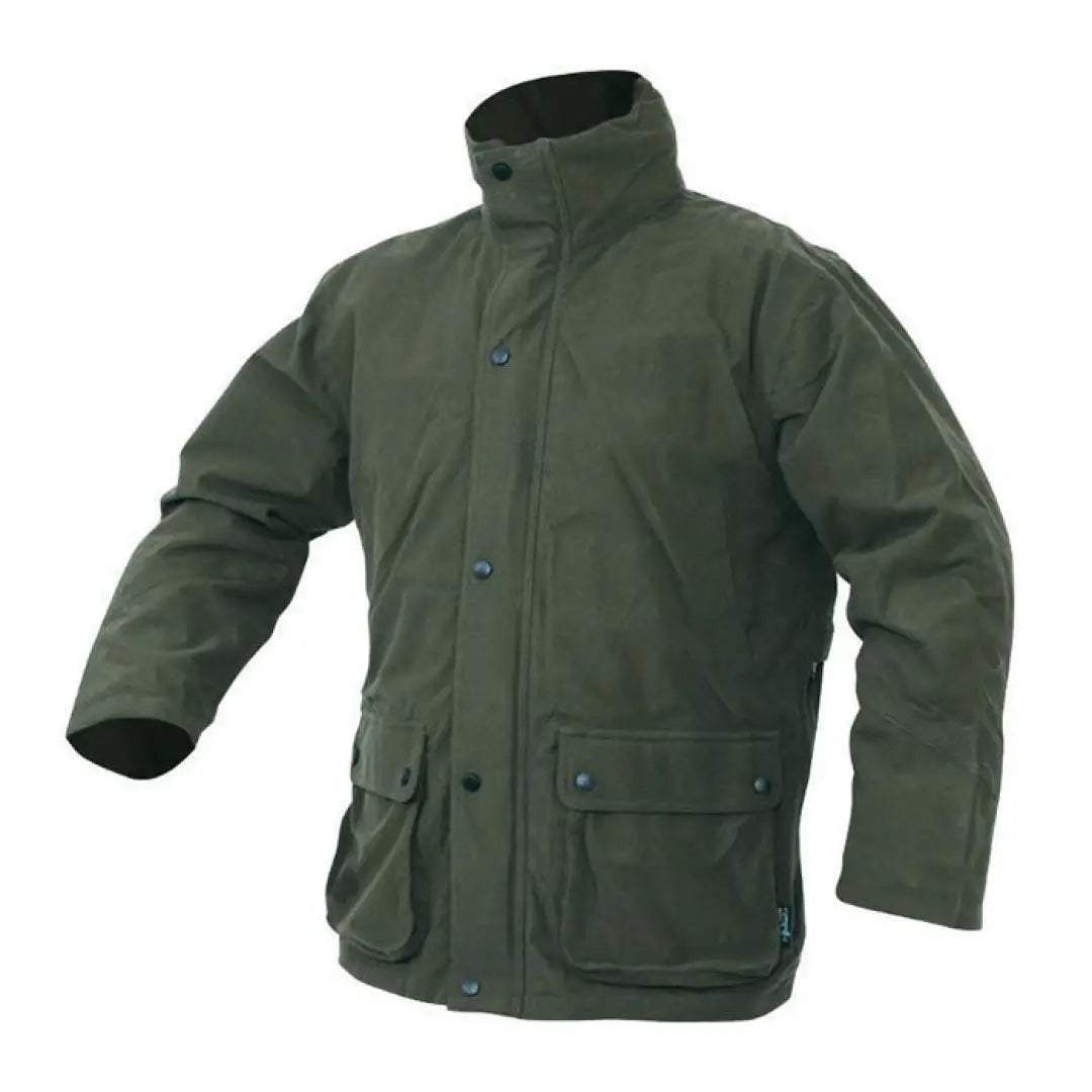 Dark green Jack Pyke Hunter Jacket with pockets and high collar for outdoor adventures