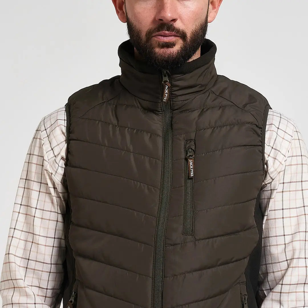 Jack Pyke Hybrid Quilted Gilet in dark olive with high collar