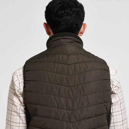 Dark olive Jack Pyke Hybrid Quilted Gilet with high collar and branding