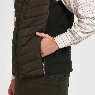 Jack Pyke Hybrid Quilted Gilet in dark olive with black paneling and zipper pocket