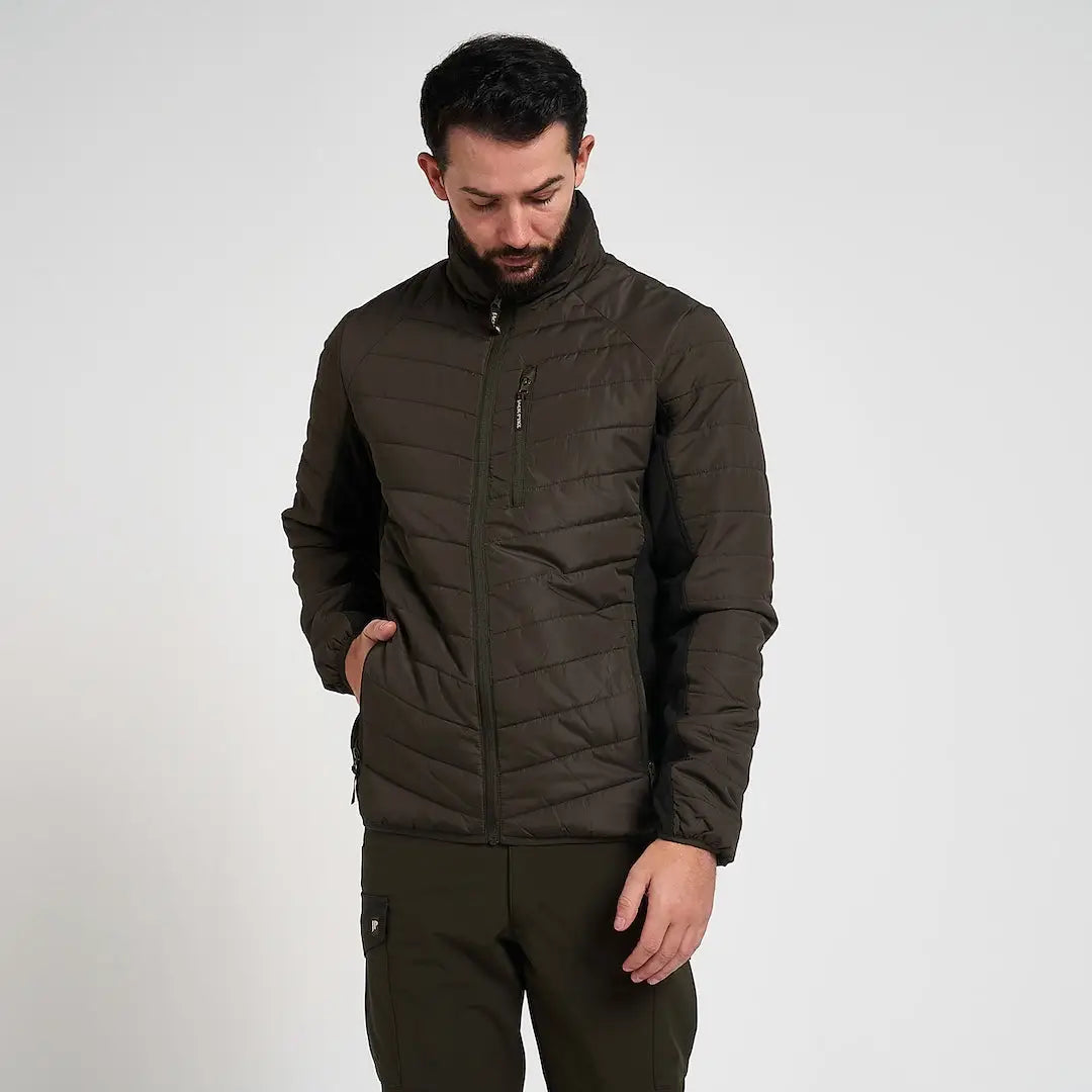 Dark olive Jack Pyke Hybrid Quilted Jacket with black panels and high collar