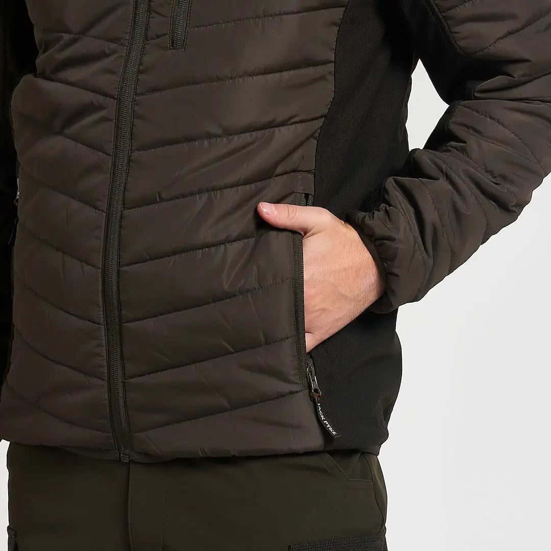 Dark olive Jack Pyke Hybrid Quilted Jacket with hand in pocket