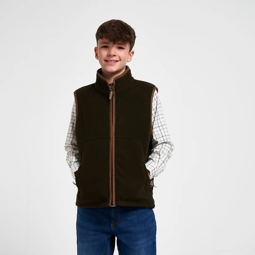 Jack Pyke Junior Countryman Fleece Gilet in dark olive green with brown zipper
