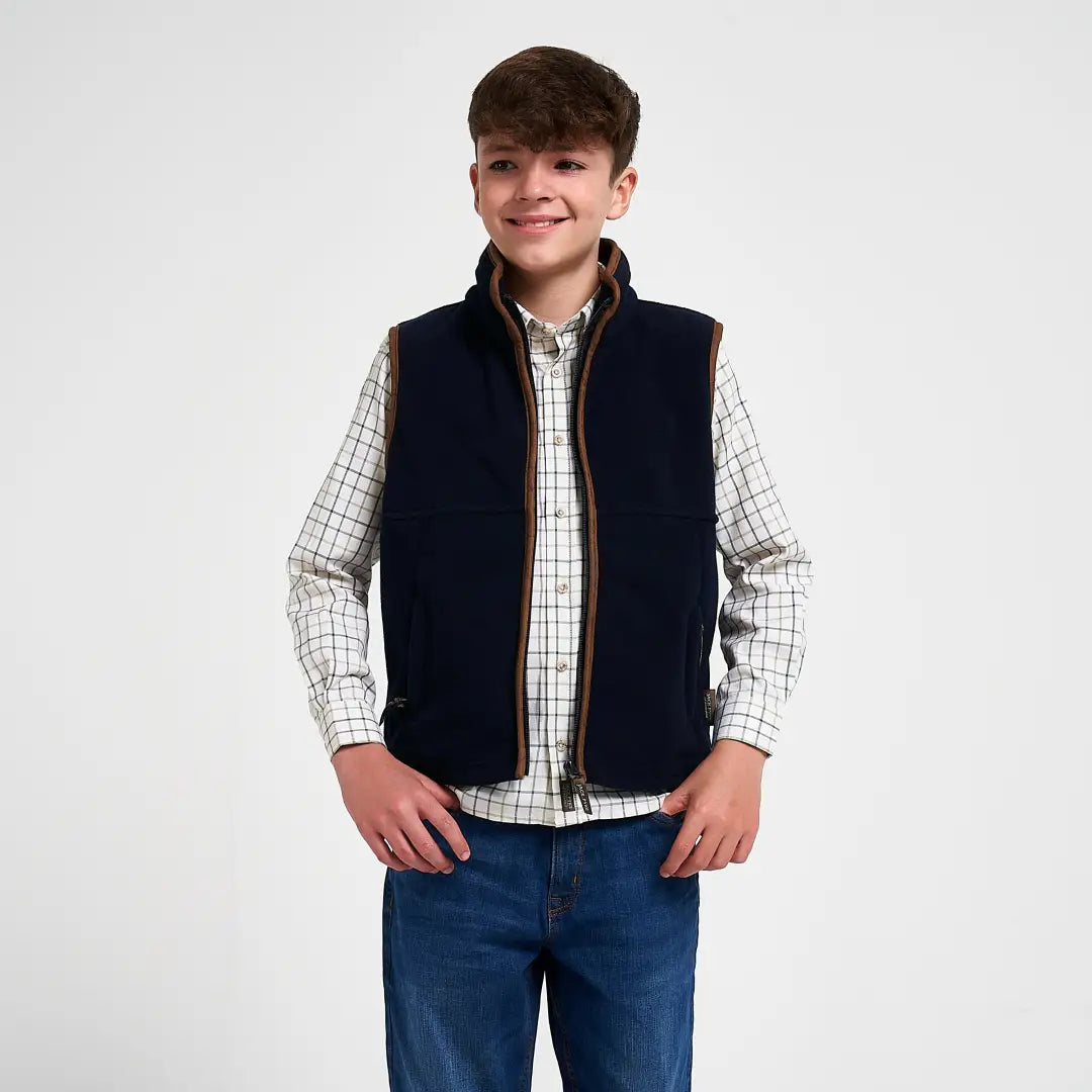 Jack Pyke Junior Countryman Fleece Gilet in navy blue with brown zipper
