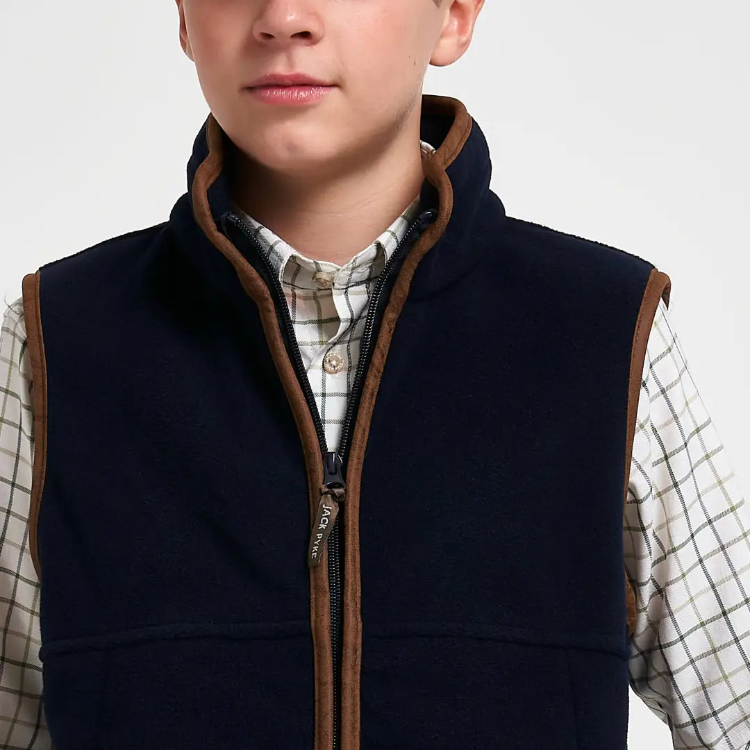 Jack Pyke Junior Countryman Fleece Gilet in navy blue with brown leather trim