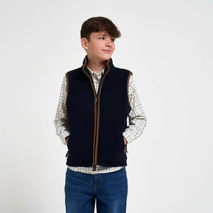Navy blue Jack Pyke Junior Countryman Fleece Gilet with brown leather trim