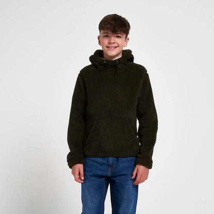 Jack Pyke Junior Sherpa Fleece Hoodie in olive green with high collar and pocket