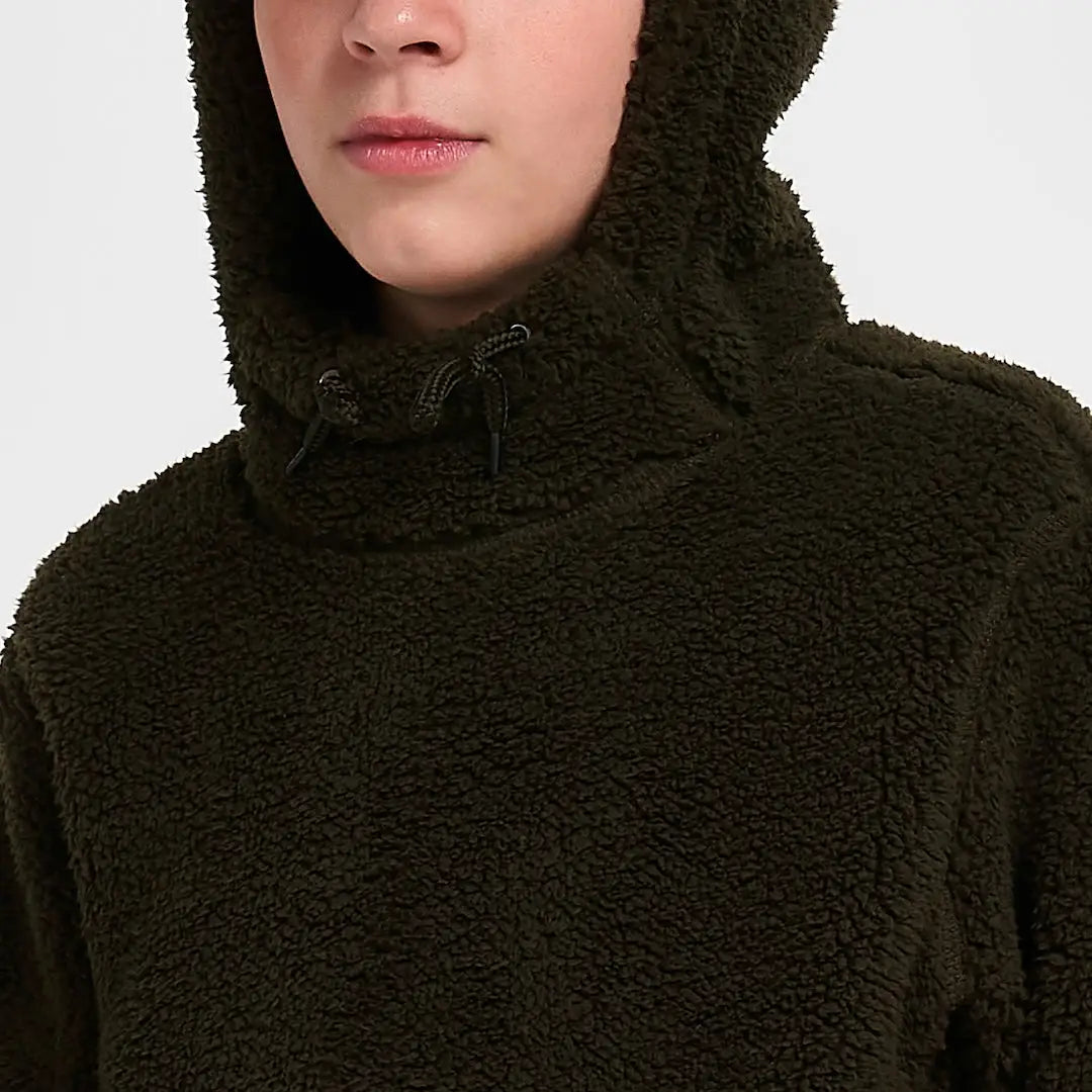 Jack Pyke Junior Sherpa Fleece Hoodie in dark olive green plush fabric