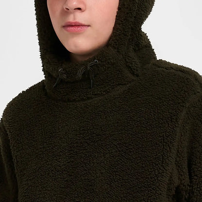 Jack Pyke Junior Sherpa Fleece Hoodie in dark olive green plush fabric