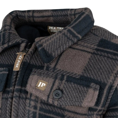 Jack Pyke Junior Tundra shirt with brown and black plaid fleece, zip front, chest pocket