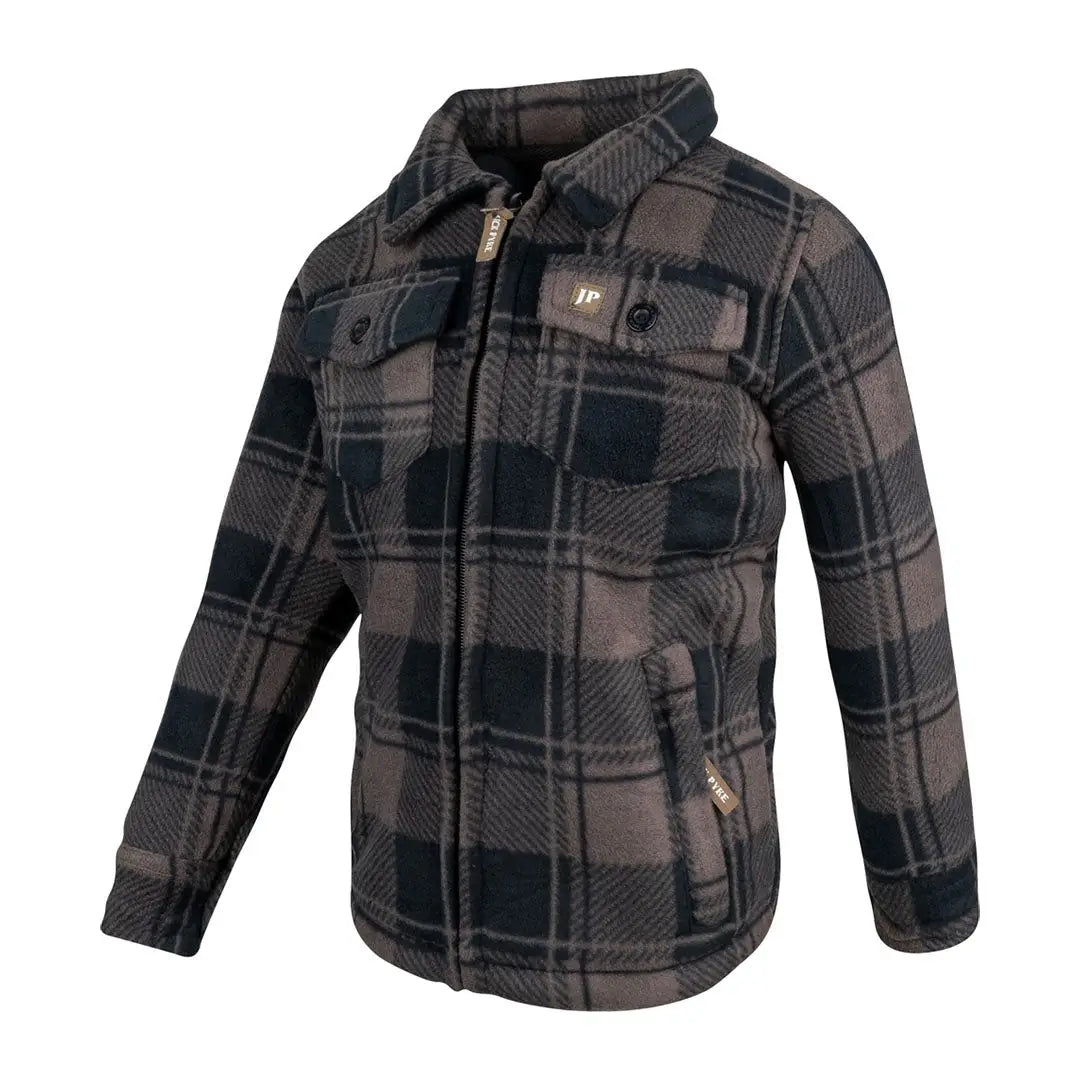 Jack Pyke Junior Tundra shirt in dark gray and black plaid fleece with zipper and pockets