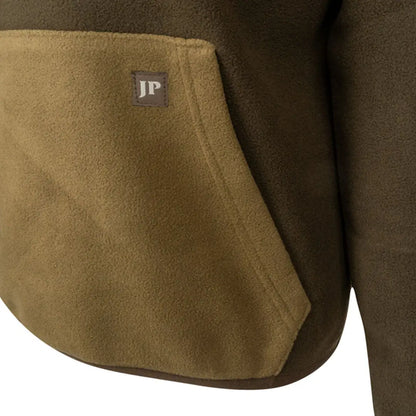 Close-up of Jack Pyke Junior Two Tone Fleece Top in olive green and brown with front pouch
