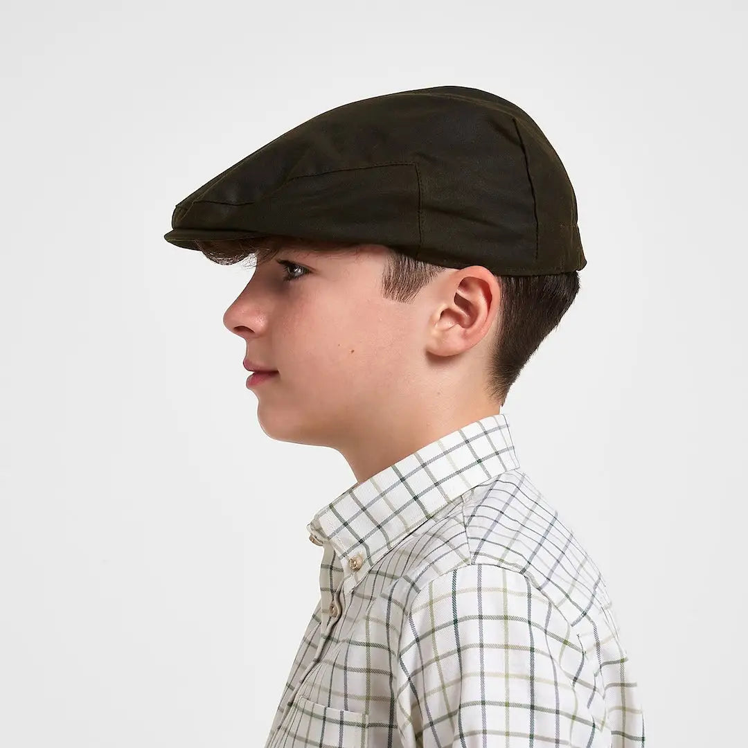 Dark olive Jack Pyke Junior Wax Flat Cap with quilted design