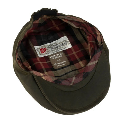 Olive green Jack Pyke Junior Wax Flat Cap with cool plaid lining inside
