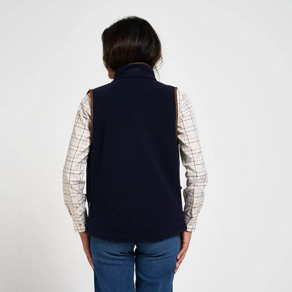 Jack Pyke ladies countryman gilet in navy blue with brown leather trim