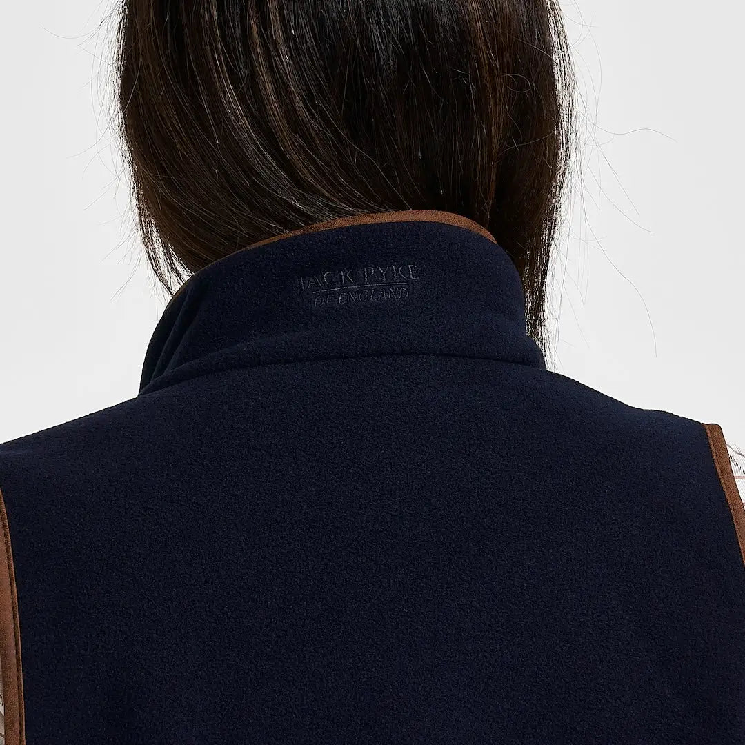 Jack Pyke ladies countryman gilet in navy blue with brown leather trim