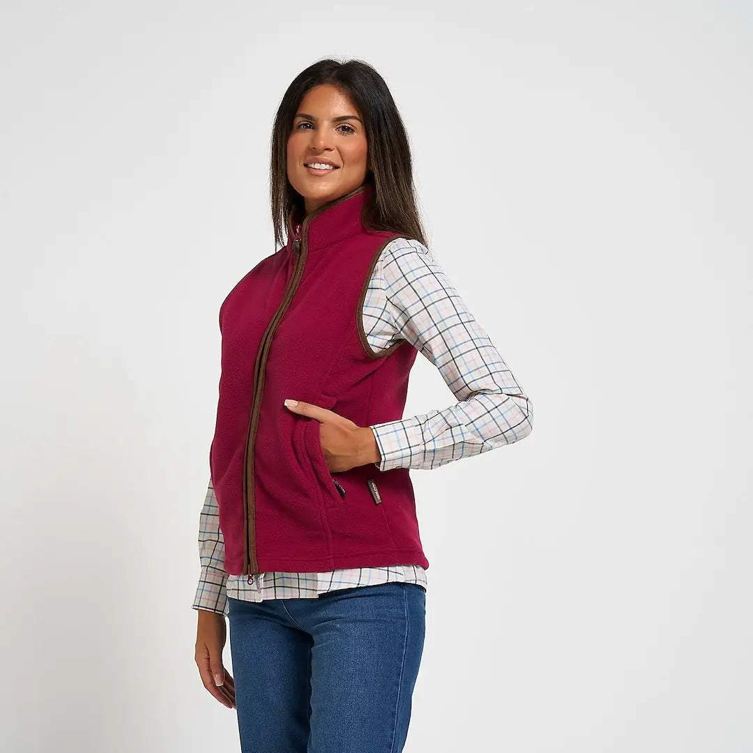 Jack Pyke ladies countryman gilet maroon fleece vest over plaid shirt