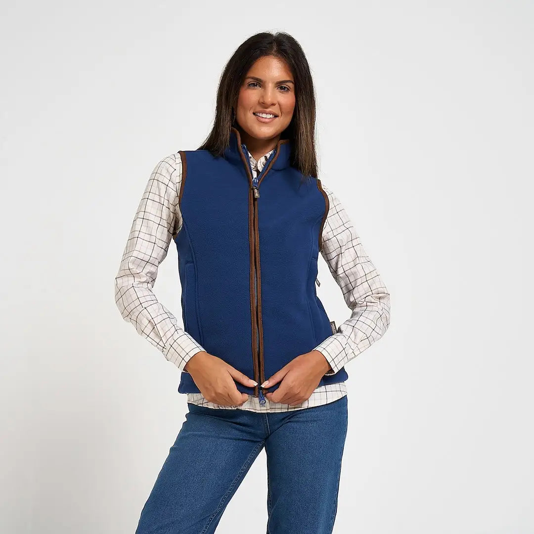 Jack Pyke ladies countryman gilet in navy blue with brown zipper trim