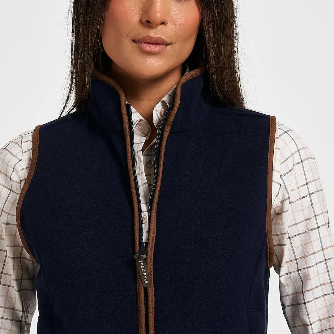Jack Pyke ladies countryman gilet in navy blue with brown leather trim