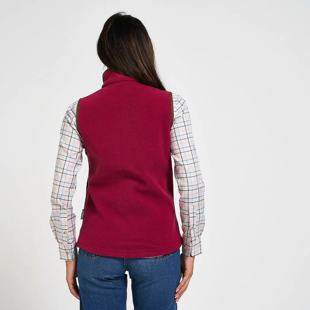 Jack Pyke ladies countryman gilet in maroon fleece with brown trim