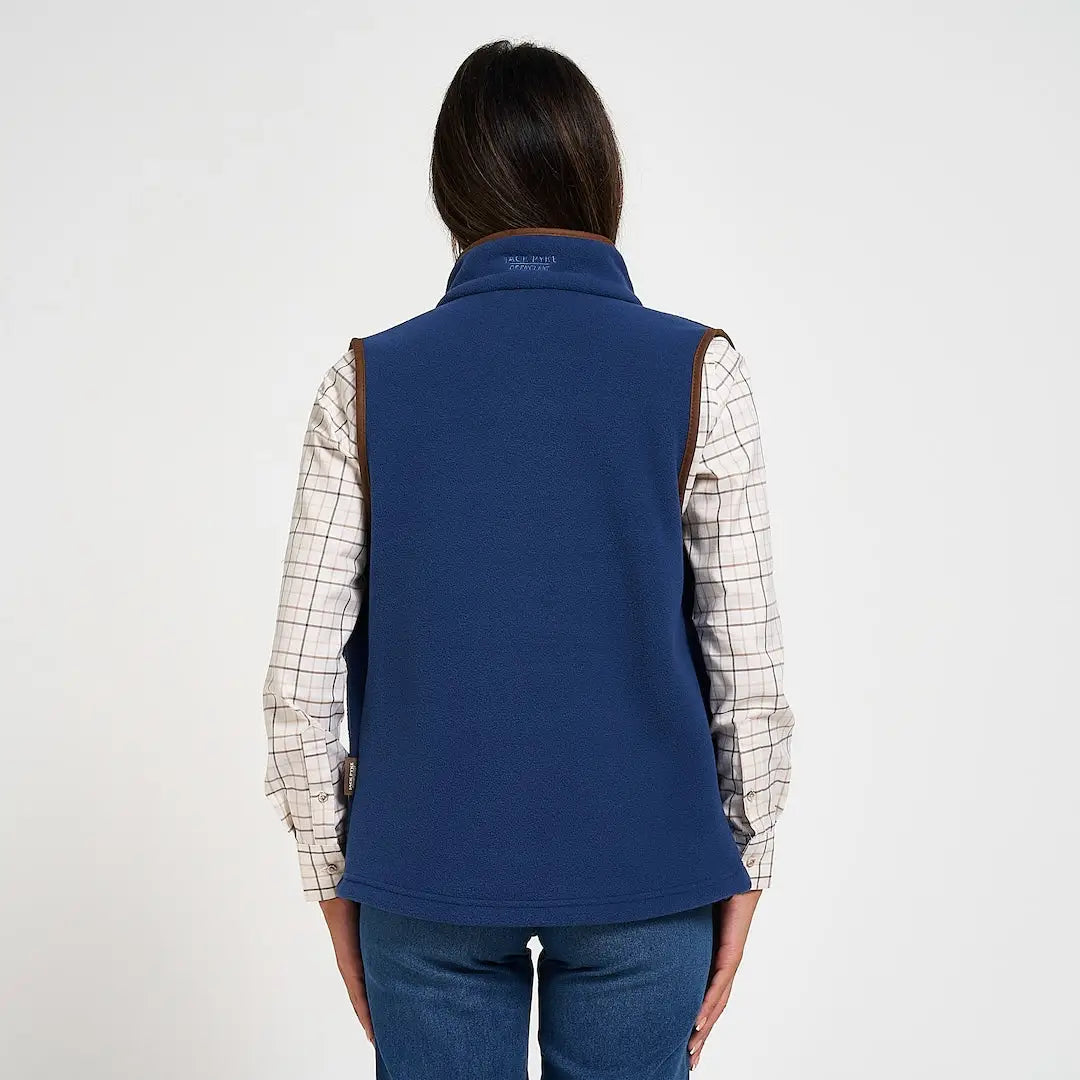 Jack Pyke ladies countryman gilet in blue fleece with brown leather trim