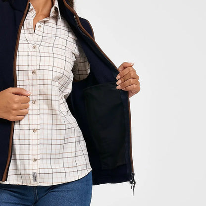 Jack Pyke ladies countryman gilet in navy blue fleece with brown zipper trim