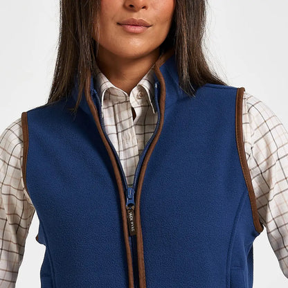 Jack Pyke ladies countryman gilet in blue fleece with brown leather trim