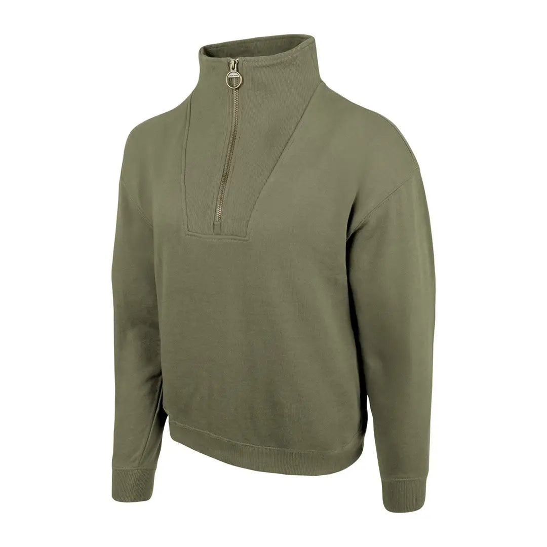 Olive green Jack Pyke ladies half zip sweatshirt with ribbed cuffs