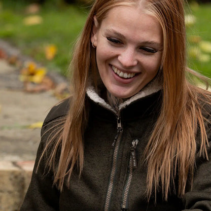 Jack Pyke Ladies Scandinavian fleece jacket in olive green with fur-lined hood