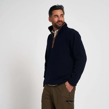 Jack Pyke Mens Countryman Fleece Pullover in navy blue with brown zipper