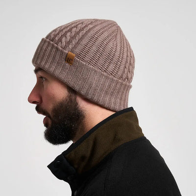 Taupe Jack Pyke merino wool cable-knit beanie with folded brim