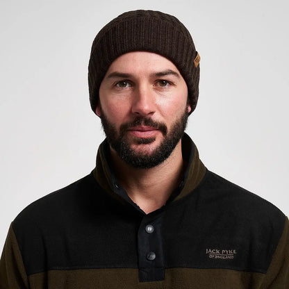 Jack Pyke merino wool beanie in brown ribbed knit with tan tag