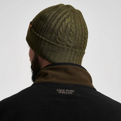 Jack Pyke olive green merino wool cable-knit beanie, practical winter accessory