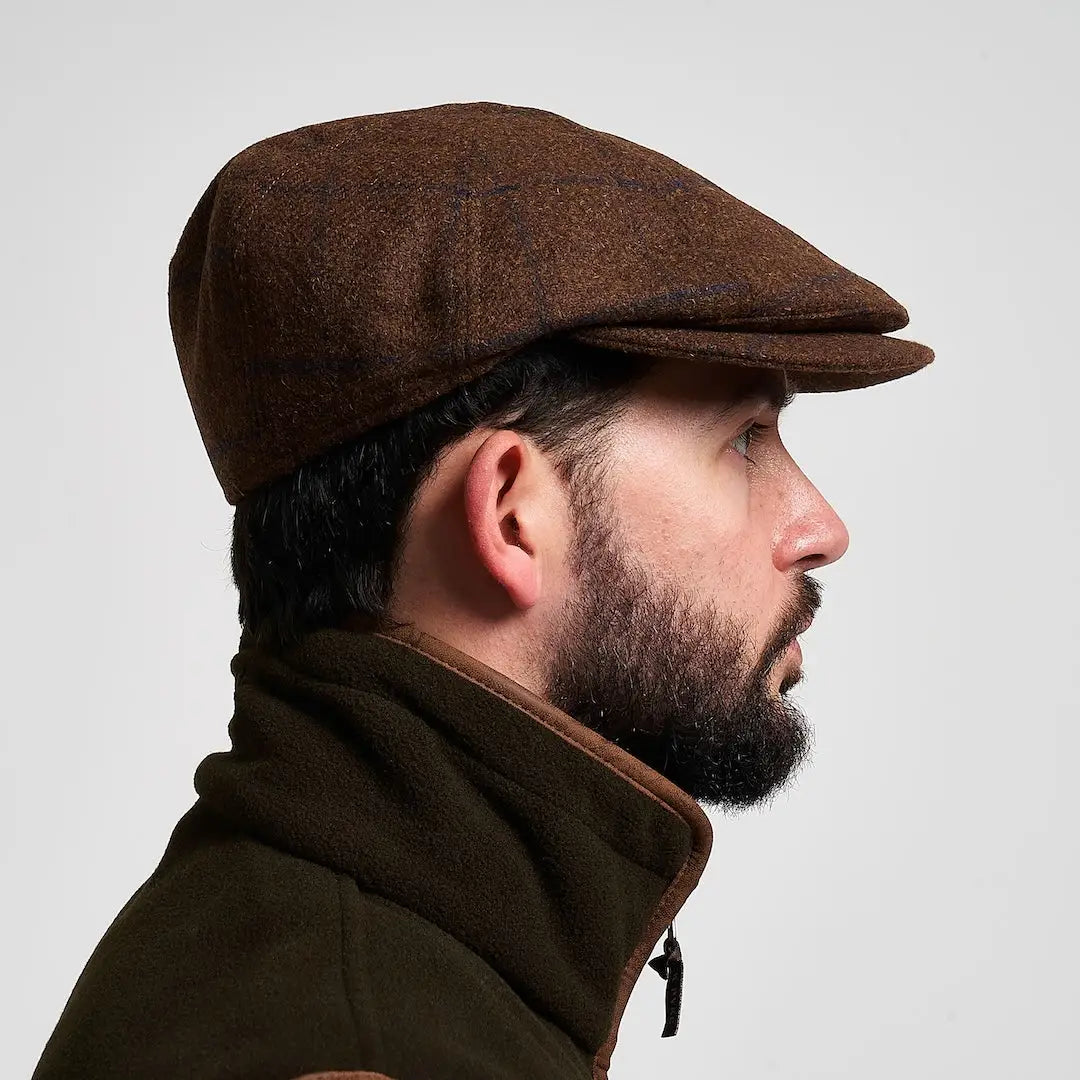 Jack Pyke newsboy cap in brown tweed with textured weave and curved brim