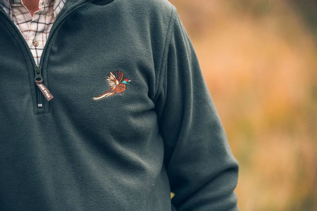 Green fleece pullover with Pyke Pheasant motif, perfect for any outdoor adventure