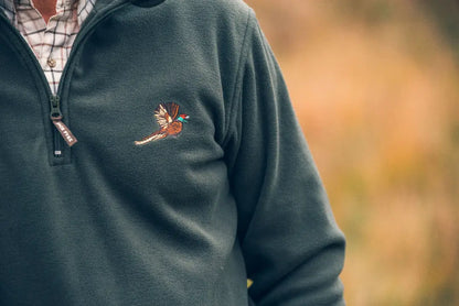 Green fleece pullover with Pyke Pheasant motif, perfect for any outdoor adventure