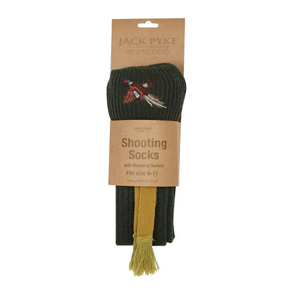 Dark green Jack Pyke Pheasant Shooting Socks with pheasant embroidery and mustard ties