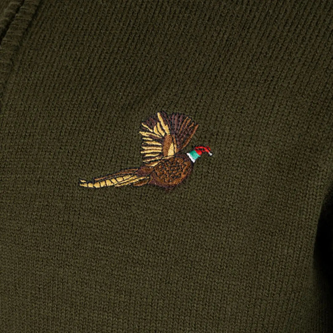 Olive green knit sweater with pheasant embroidery and zip neck, Jack Pyke Pheasant pullover