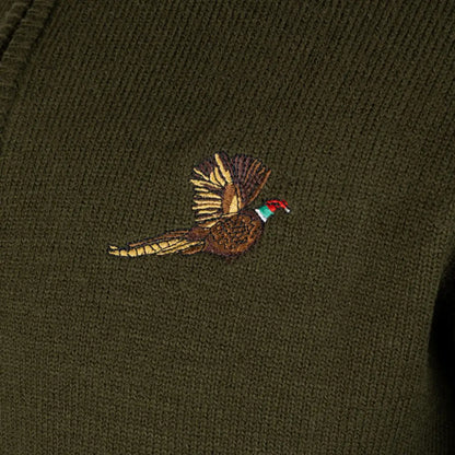 Olive green knit sweater with pheasant embroidery and zip neck, Jack Pyke Pheasant pullover