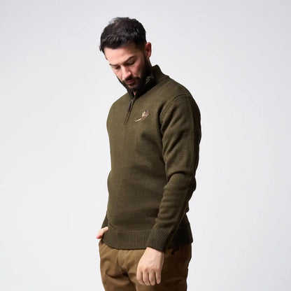 Jack Pyke Pheasant zip neck pullover in olive green knit with embroidered logo