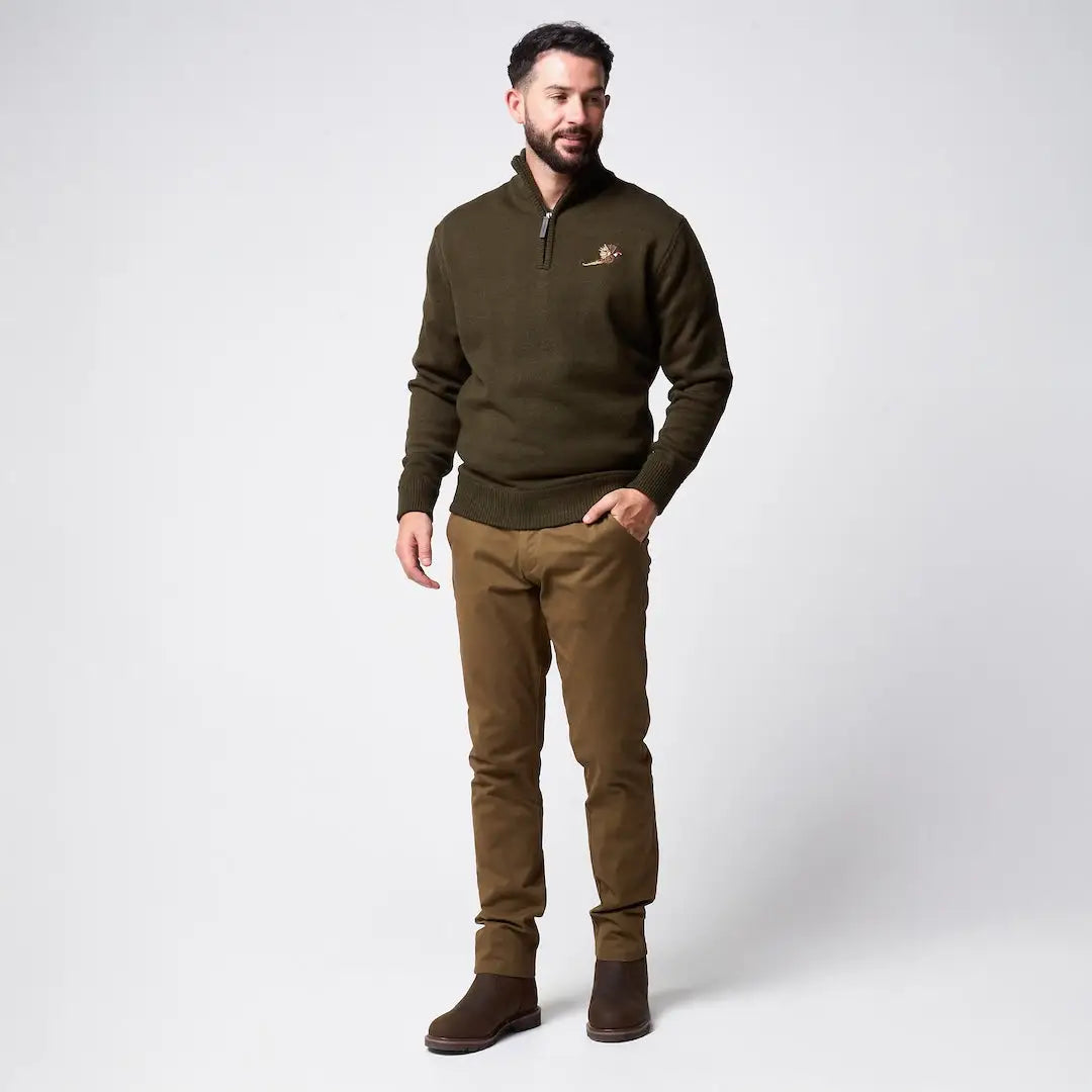 Olive green Jack Pyke Pheasant zip neck pullover with embroidered logo