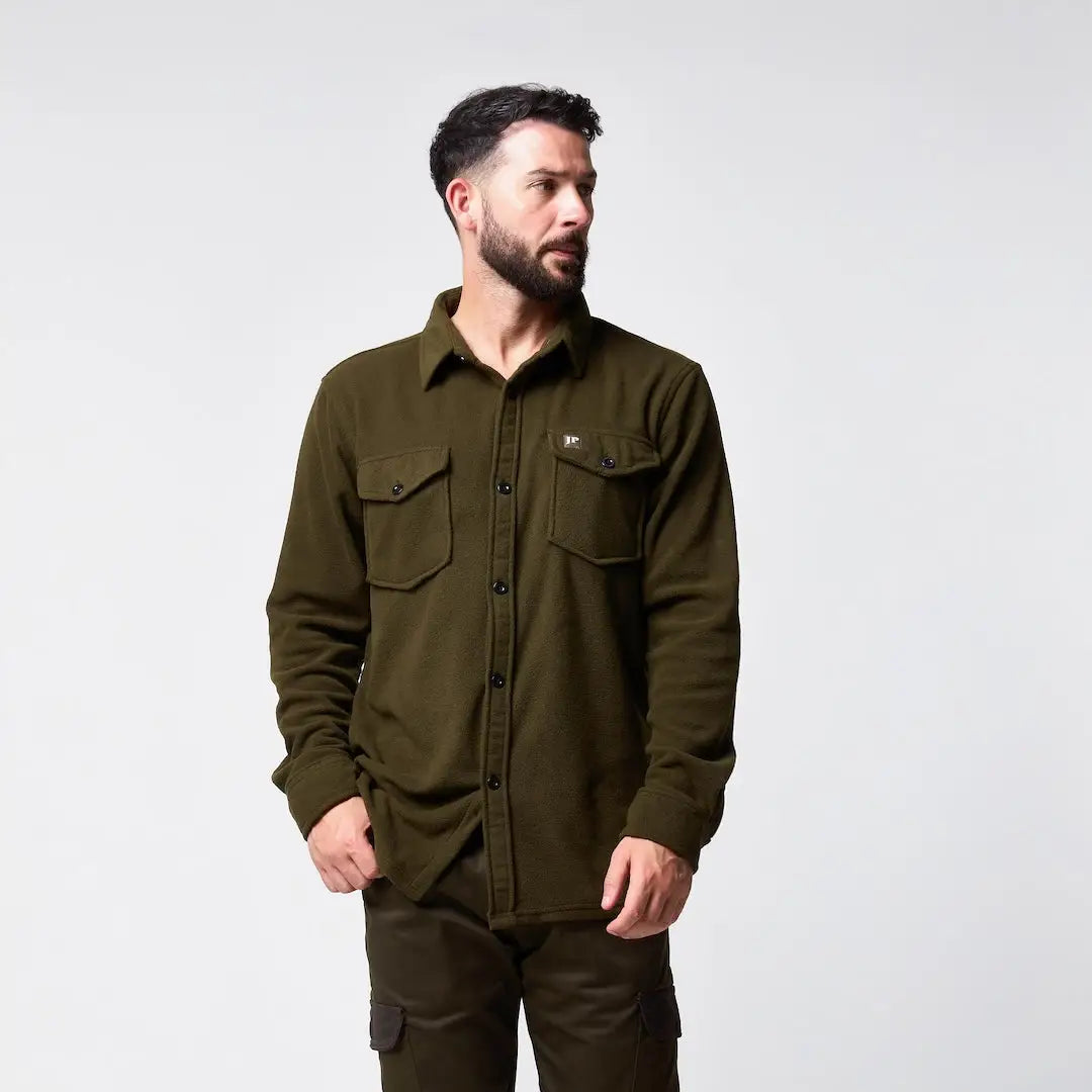 Jack Pyke Polar fleece shirt in olive green with long sleeves and chest pockets